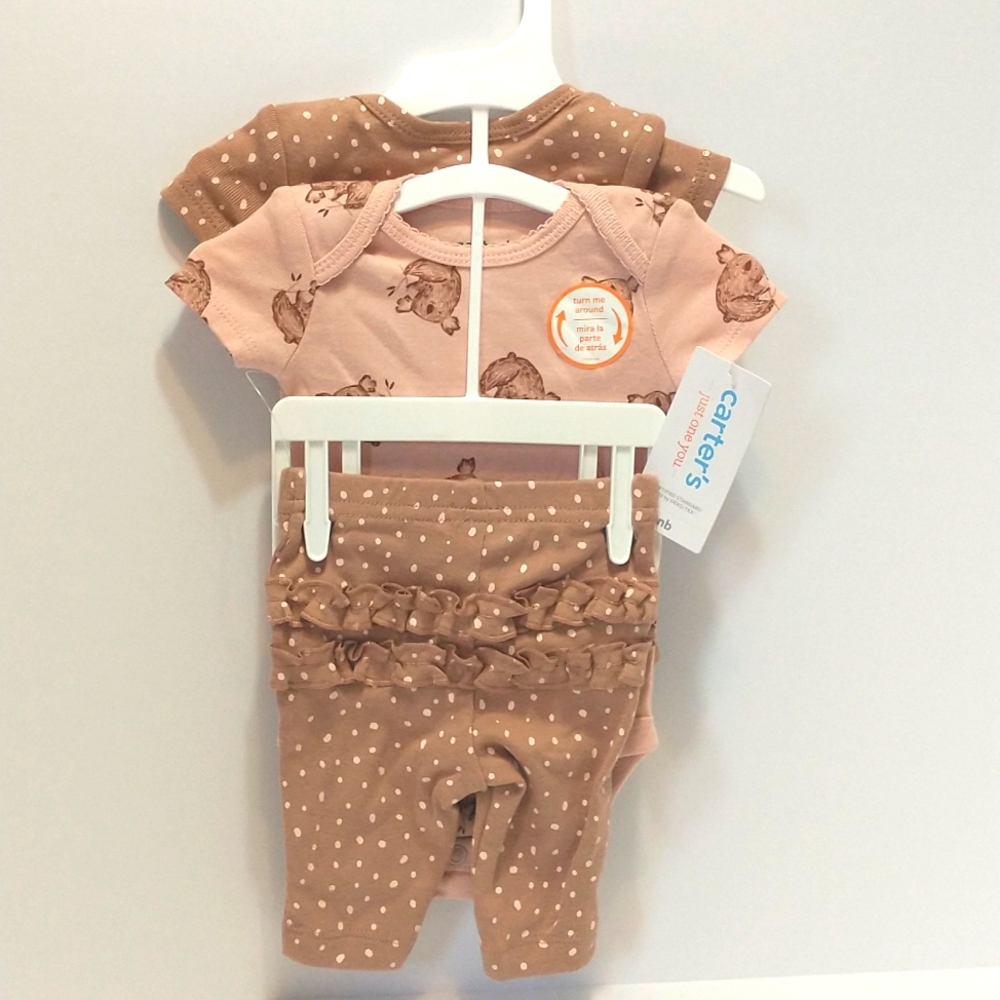 Carter's newborn 3 piece outfit. Tan /peach. 2 onesies, 1 bottem  with ruffle